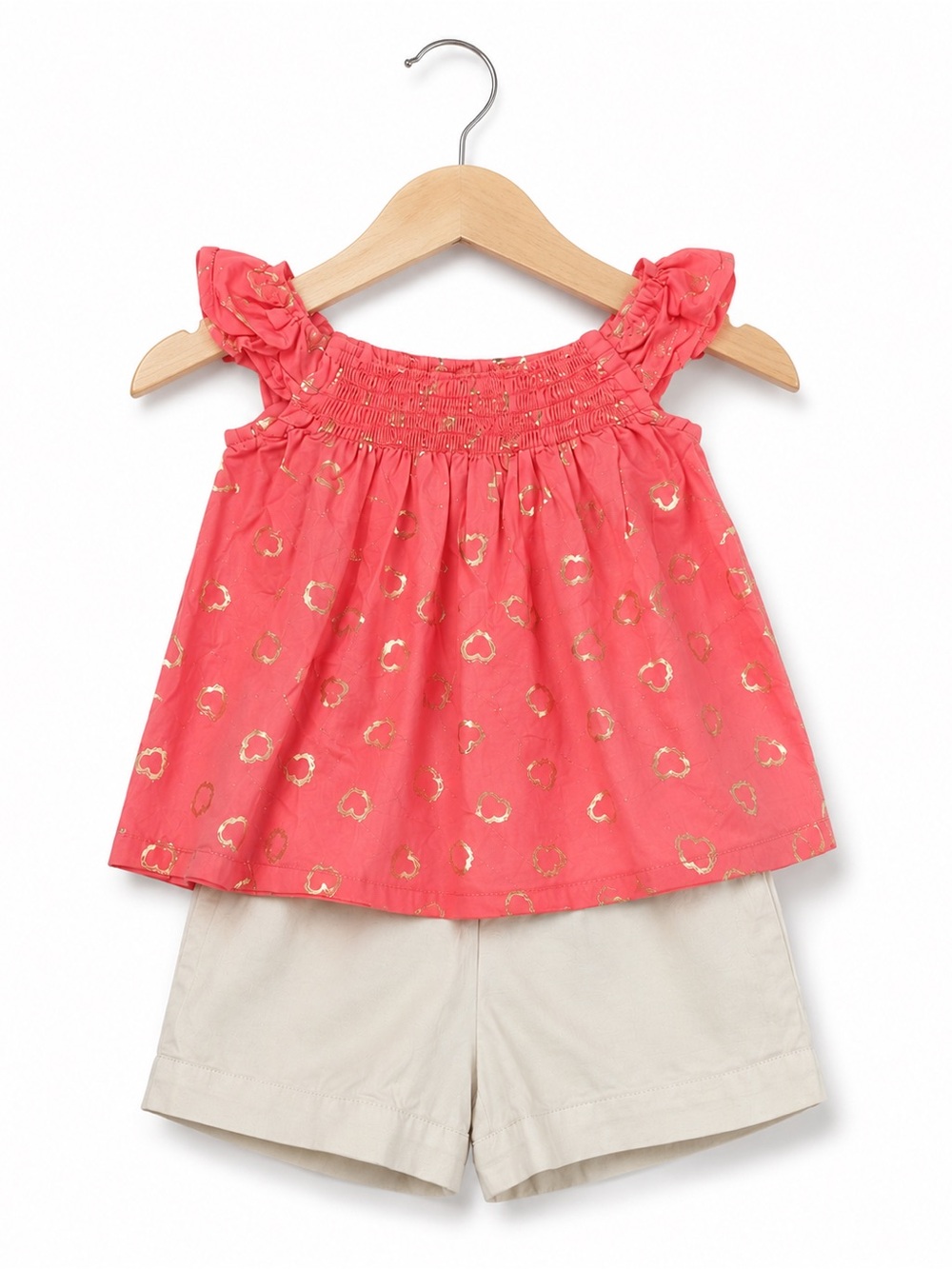 Penelope Mack Baby Girl 18M‎ Pink Gold Heart Smocked Top and White Shorts Set